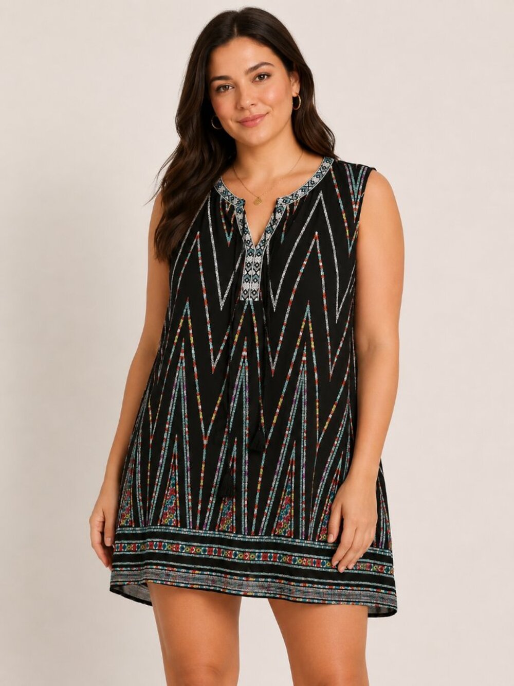 My Danielle XXL Black Geometric Print Sleeveless Tunic Dress Tassel Tie Top